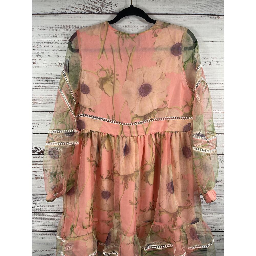 Cynthia Rowley Dress Womens XS Pink Floral Sheer Chiffon Ruffle Boho Long Sleeve - Picture 6 of 9